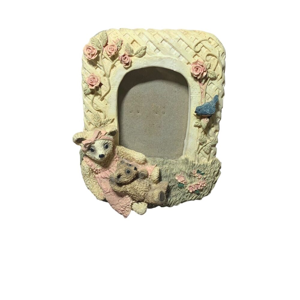 Vintage Mom and Baby Bear Resin 3D Photo Frame Roses Trellis Cottagecore Nursery